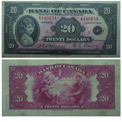 1935 Bank of Canada English $20. BC-9b, Small Seal, BCS VF-25(graffiti)