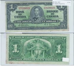 1937 Bank of Canada Narrow Panel $1. BC-21b, Prefix H/A, F-VF. S/N: H/A2128618