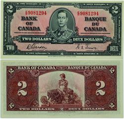 1937 Bank of Canada $2. BC-22b, UNC, S/N: E/B9081294.  An original example.