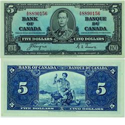 1937 Bank of Canada $5. BC-23c, AU. S/N: A/S8890256. A well centered original specimen.