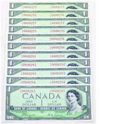 1954 Bank of Canada Devil's Face $1, Lot of 11 pieces with consecutive serial numbers.  BC-29a, Coyn