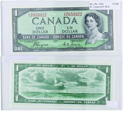 1954 Bank of Canada Devil's Face $1. BC-29a, Coyne-Towers Signatures in Choice UNC.  S/N: 7653322.