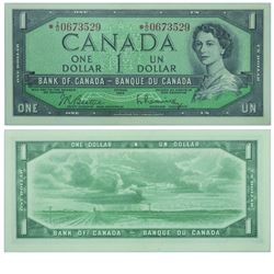 1954 Bank of Canada Replacement $1. BC-37bA, Prefix *I/O, BCS UNC-60, Original.  S/N: *I/O0673529.