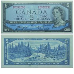 1954 Bank of Canada Devil's Face $5. BC-31a, Coyne-Towers, Prefix A/C, BCS CUNC-62, Original. S/N: A