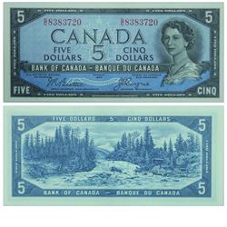 1954 Bank of Canada Devil's Face $5. BC-31b, Beattie-Coyne, Prefix G/C, BCS CUNC-63, Original.  S/N: