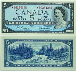 1954 Bank of Canada $5 Replacement note. BC-39bA, *V/S, CUNC. S/N: *V/S0364368