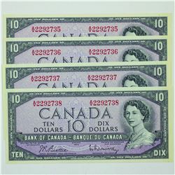 1954 Bank of Canada $10 consecutively numbered A/V2292735 to A/V2292738.  Uncirculated or better con