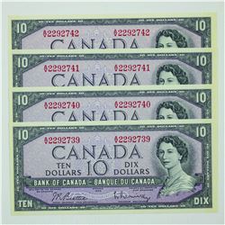 1954 Bank of Canada $10 consecutively numbered A/V2292739 to A/V2292742.  Uncirculated or better con