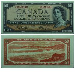 1954 Bank of Canada Devil's Face $50. BC-34b, Beattie-Coyne, PMG AU-55.  S/N: A/H1829840