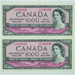 1954 Bank of Canada 2 x $1000 Notes BC-44d Lawson-Bouey  with consecutive serial numbers in Uncircul