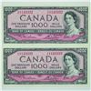 Image 1 : 1954 Bank of Canada 2 x $1000 Notes BC-44d Lawson-Bouey  with consecutive serial numbers in Uncircul