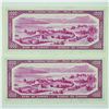Image 2 : 1954 Bank of Canada 2 x $1000 Notes BC-44d Lawson-Bouey  with consecutive serial numbers in Uncircul