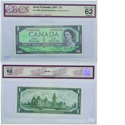 1967 Bank of Canada Replacement $1. BC-45bA, Prefix *L/O, BCS CUNC-62, Original.  S/N: *L/O7010143