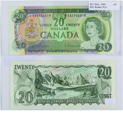 1969 Bank of Canada $20 Replacement note. BC-50aA, Prefix *EA, AU. S/N: *EA1736519.  A nice original