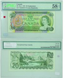 1969 Bank of Canada $20 Replacement note. BC-50aA, Prefix *EB, PMG AU-58, EPQ. S/N: *EB2066787