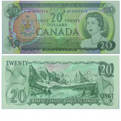 1969 Bank of Canada $20 Replacement note. BC-50bA, Prefix *WF, BCS UNC-60, Original.  S/N: *WF344791