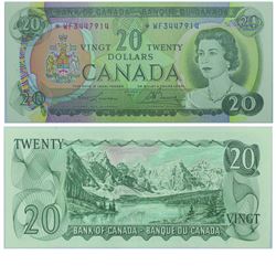 1969 Bank of Canada $20 Replacement note. BC-50bA, Prefix *WF, BCS UNC-60, Original.  S/N: *WF344791