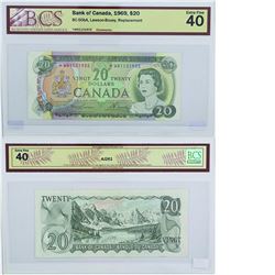 1969 Bank of Canada$20 Replacement note. BC-50bA, Prefix *WN, BCS EF-40.  S/N: *WN1131935