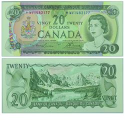1969 Bank of Canada $20 Replacement note. BC-50bA, Prefix *WV, PMG AU-58, EPQ.  S/N: *WV1482177