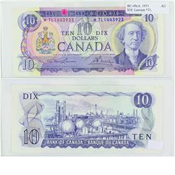 1971 Bank of Canada $10 Replacement note. BC-49cA, Prefix *TL, AU. S/N: *TL1443923. An original exam