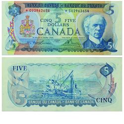 1972 Bank of Canada $5 Replacement note. BC-48bA, Prefix *CU, Almost UNC.  S/N: *CU2962654. An origi