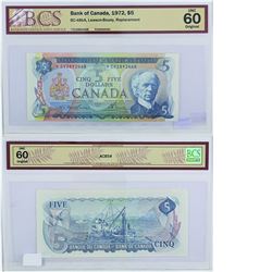 1972 Bank of Canada $5 Replacement note. BC-48bA, Prefix *CV, BCS UNC-60, Original.  S/N: *CV2892468