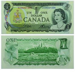 1973 Bank of Canada $1 with Descending/Ascending RADAR. BC-46b, in Choice UNC Condition. S/N: EAS432