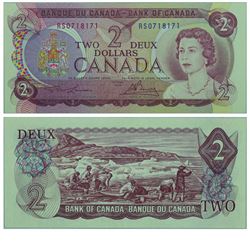 1974 Bank of Canada $2 Test Note.  BC-47aT, Prefix RS, PMG CUNC-63, EPQ.  S/N: RS0718171.  A nice ex