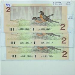 Group lot of 3 x 1986 Changeover $2.00 notes in UNC or better condition. Prefixes AUG, AUK and AUL.