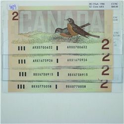 Group lot of 4 x 1986 Replacement $2.00 notes all in UNC or better condition