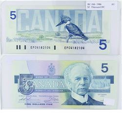 1986 Bank of Canada $5 Changeover note. BC-56b, Prefix EPC, AU. S/N EPC4182104