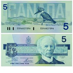 1986 Bank of Canada $5 Changeover note. BC-56a-i, Prefix EOH with Blue BPN, EF-AU. S/N: EOH6827596. 