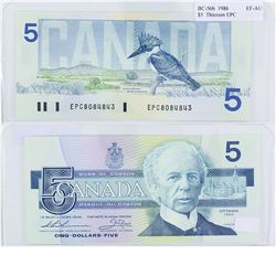 1986 Bank of Canada $5 Changeover note.  BC-56b, Thiessen-Crow, Prefix EPC, EF-AU.  S/N: EPC8084843.