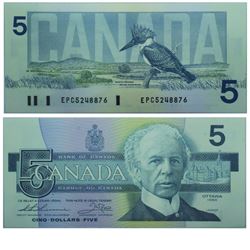 1986 Bank of Canada $5 Changeover note. BC-56b, Thiessen-Crow, Prefix EPC, BCS CUNC-64, Original.  S
