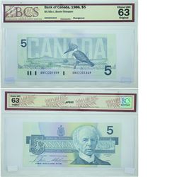 1986 Bank of Canada $5 Changeover note. BC-56c-i, Bonin-Thiessen, Prefix ANH, BCS CUNC-63, Original.