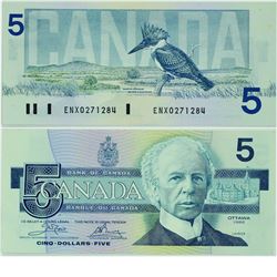1986 Bank of Canada $5 Replacement note. BC-56aA, ENX with Yellow BPN, AU. S/N: ENX0271284.