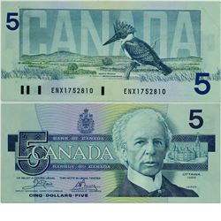 1986 Bank of Canada $5 Replacement note. BC-56aA, ENX with Yellow BPN, EF. S/N: ENX1752810