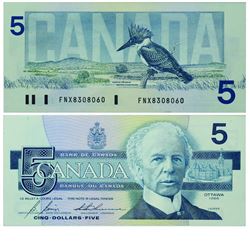 1986 Bank of Canada $5 Replacement note. BC-56cA, Prefix FNX, Almost UNC. S/N: FNX8308060. A respect