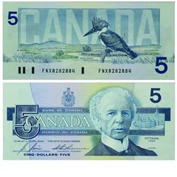 1986 Bank of Canada $5 Replacement note.  BC-56cA, Prefix FNX, EF-AU. S/N: FNX8282884.