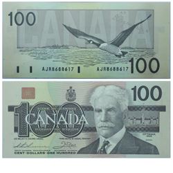 1988 Bank of Canada $100. BC-60a, Prefix AJR, BCS CUNC-63, Original. S/N: AJR8688617