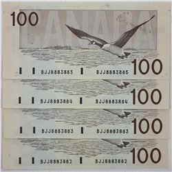 1988 Bank of Canada $100 lot of four with consecutive serial numbers. BC-60c, UNC. S/N: BJJ8883882 -