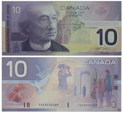 2001 Bank of Canada $10 Replacement note. BC-63aA, FDZ(9.000M-9.600M), PMG GUNC-67, EPQ. S/N: FDZ923