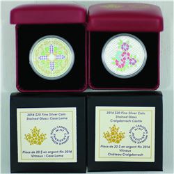 RCM Issue 2x 2014 Stained Glass Series $20 Casa Loma and Craigdarroch Castle Fine Silver coins with 