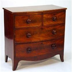 19th century mahogany bow fronted chest, fitted two short above two long cockbeaded drawers on sp…