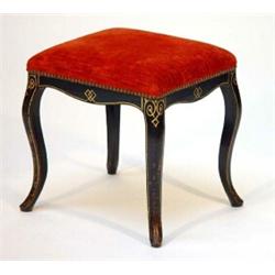 Black painted and gilt framed stool with upholstered stuffover seat on cabriole legs…