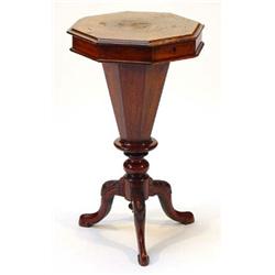 Victorian inlaid walnut trumpet workbox on tripod feet…