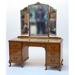 Burr walnut bedroom suite comprising a triple wardrobe, dressing table with triple mirror, footst…