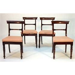 Set of four Victorian tigerwood dining chairs with upholstered stuffover seats on turned legs…