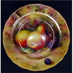 Royal Worcester sandwich plate, hand painted with fruit by W. J. Bugnall, 16cm diameter, marks to…