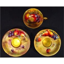 Royal Worcester cup and two saucers, hand painted with fruits,various artists, marks to base…